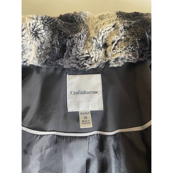 Croft & Barrow 1X Gray Quilted Faux Fur Trim Coat Hood Zip Pockets Soft Warm Coz - Picture 5 of 12